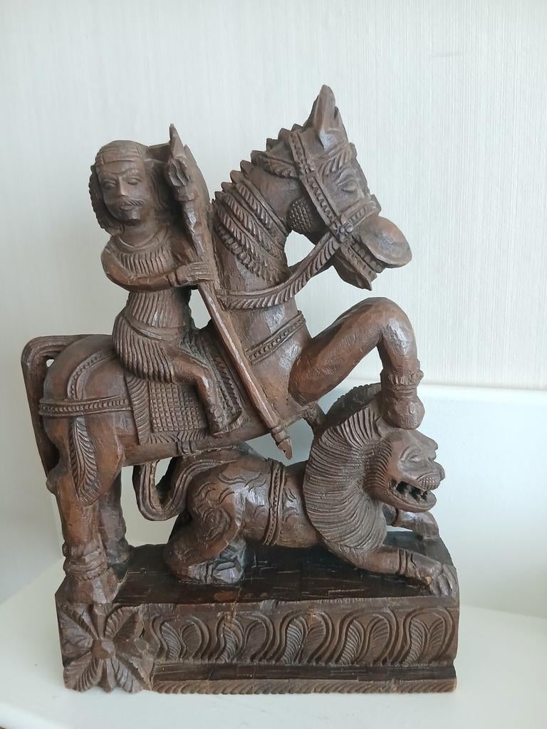India Tamil houten beeld Ayyanar te paard tweekoppige leeuw, Antiek en Kunst, Kunst | Beelden en Houtsnijwerken, Ophalen of Verzenden