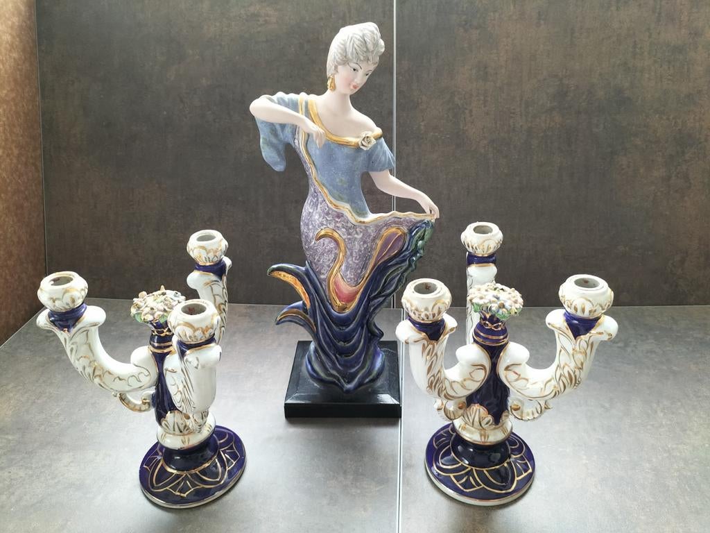 2 porceleinen drie armige kandelaren+porceleinen dame, Ophalen, Zo goed als nieuw, Huisaccessoire