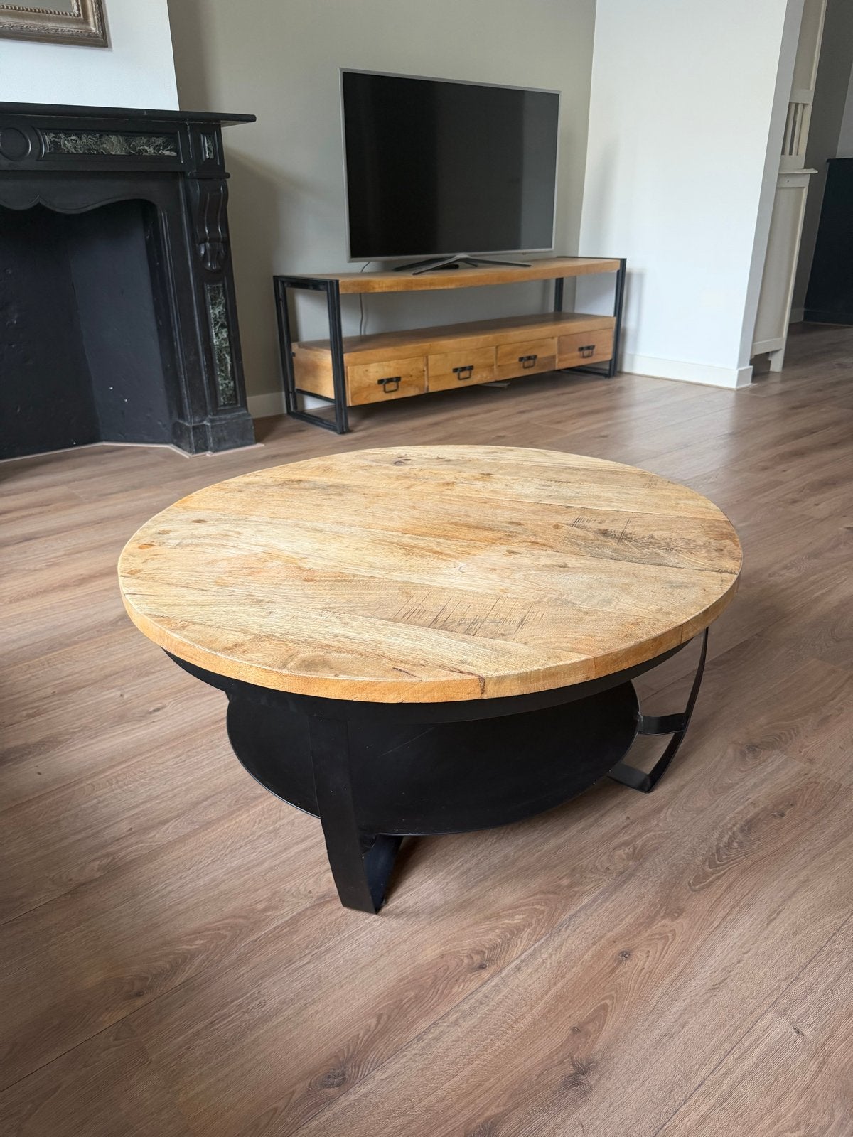 Salontafel mangohout rond 90 cm, Huis en Inrichting, Ophalen, Rond, 50 tot 100 cm, Zo goed als nieuw