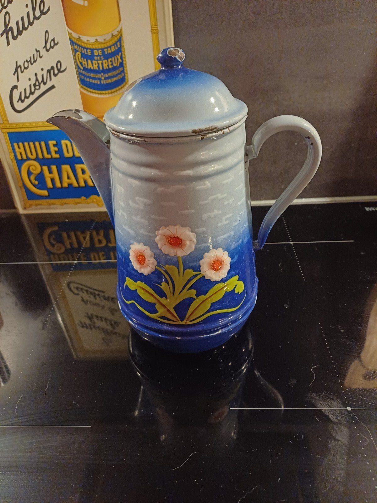 Antieke Franse emaille Koffiepot helder blauw & korenbloemen, Verzenden
