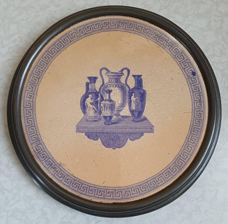 Antiek rond tinnen onderzetter met aardenwerk tegel, Antiek en Kunst, Ophalen of Verzenden
