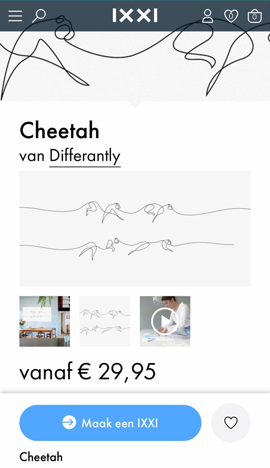 Ixxi Cheetah Differantly line art 180 x 60 cm NIEUW, Zwart, Papier/karton, Nieuw, Ophalen of Verzenden
