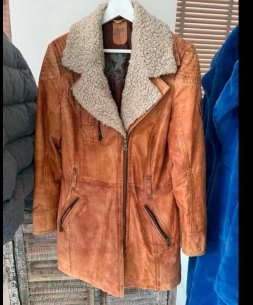 Leren jas, half lange leren jas, leren jas cognac kleur, Ophalen, Gedragen, Maat 38/40 (M), Bruin
