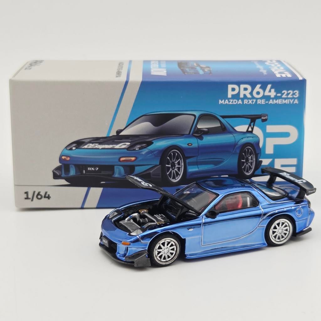 Pop Race Mazda RX7 Re-Amemiya Widebody blauw chroom 1:64, Mymodelcar@outlook.com, Auto, Ophalen of Verzenden, Pop Race