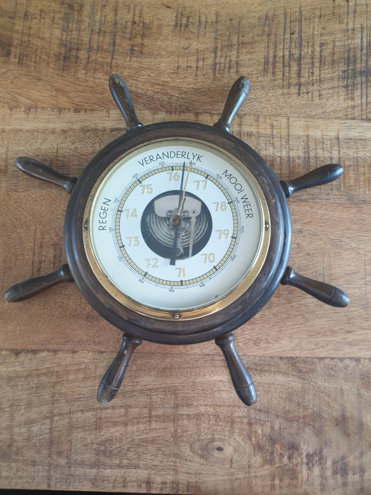 Antieke Barometer in Stuurwiel Vorm - Mooi Weer, Regen, Ophalen of Verzenden, Gebruikt, Barometer