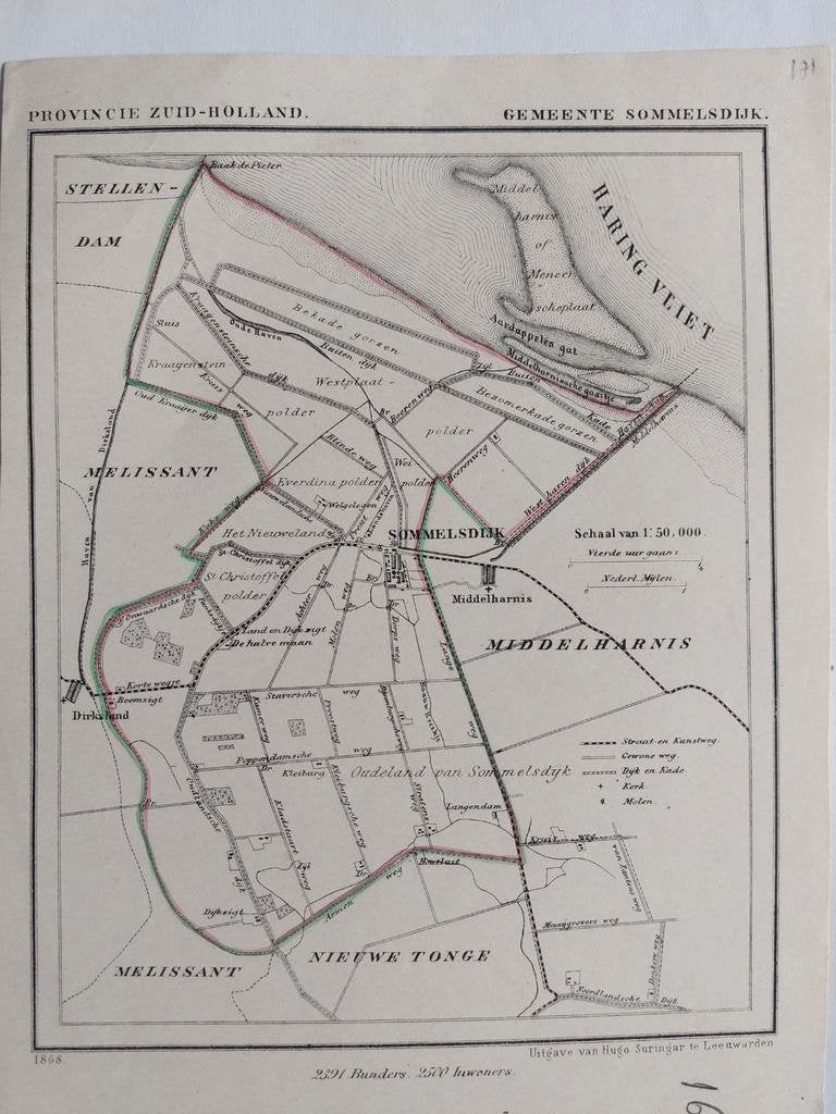 171 / Sommelsdijk Middelharnis Haringvliet Litho uit 1868, Antiek en Kunst, Ophalen of Verzenden