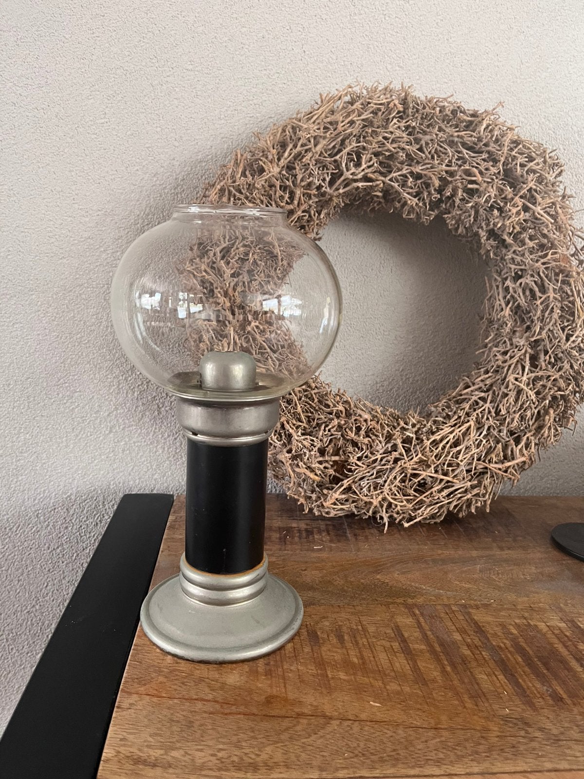 Vintage windlicht of veerkandelaar tin met glas, Antiek en Kunst, Ophalen of Verzenden, Glas