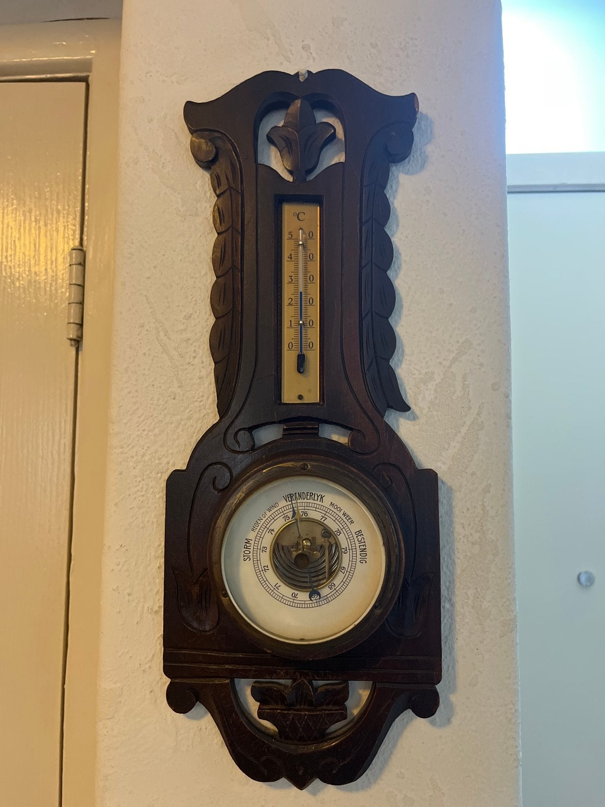 Antieke Barometer en Thermometer in Houten Behuizing, Ophalen, Gebruikt, Weerstation