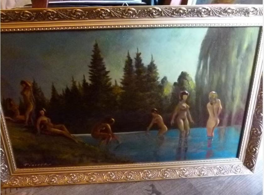 antiek schilderij `` badende Dames`` 1910-1925, Antiek en Kunst, Ophalen, Paneel, Portret of Personen, Gesigneerd
