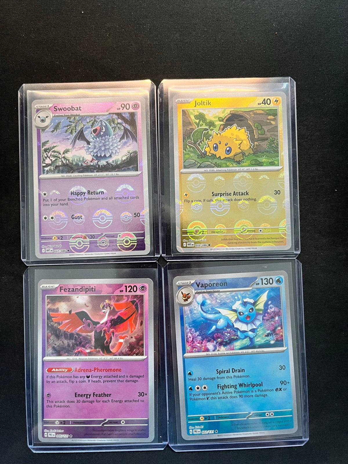Pokeball reverse: Swoobat, Vaporeon, Fezandipiti, Joltik, Ophalen of Verzenden, Zo goed als nieuw, Meerdere kaarten, Foil
