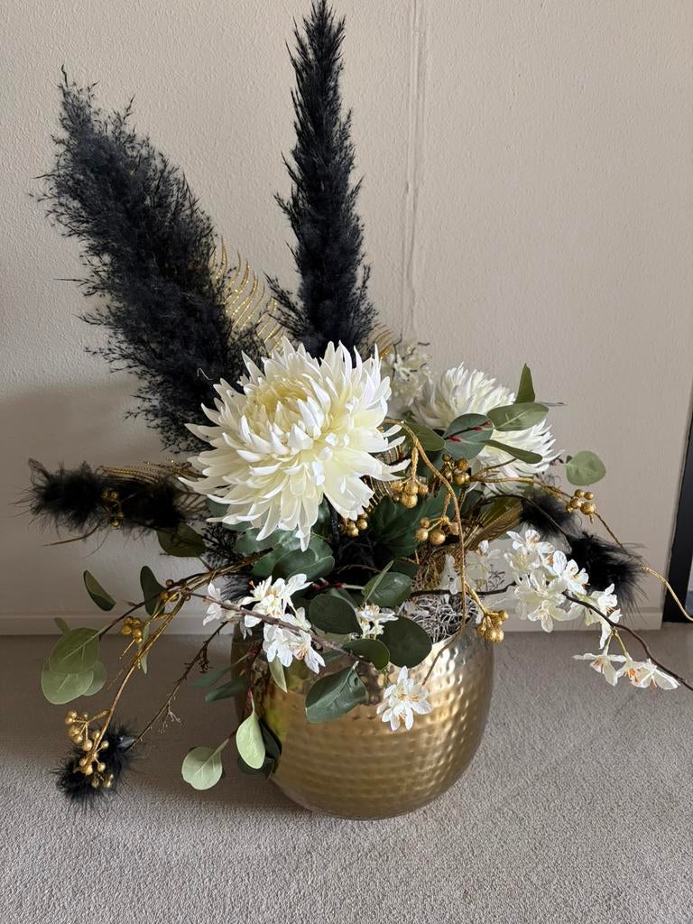 2 gouden potten opgemaakt met droogbloemen, Huis en Inrichting, Woonaccessoires | Kunstplanten en Kunstbloemen, Ophalen, Zo goed als nieuw