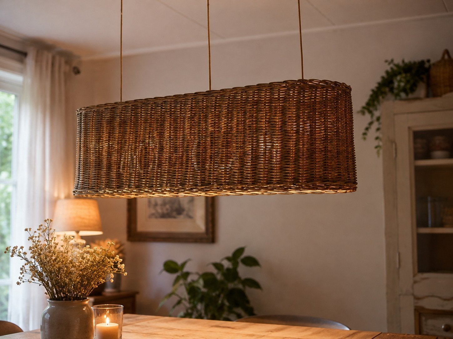 Rotan eetkamertafel hanglamp, Huis en Inrichting, Hanglamp, Gebruikt, Natuurlijk materiaal, Beige