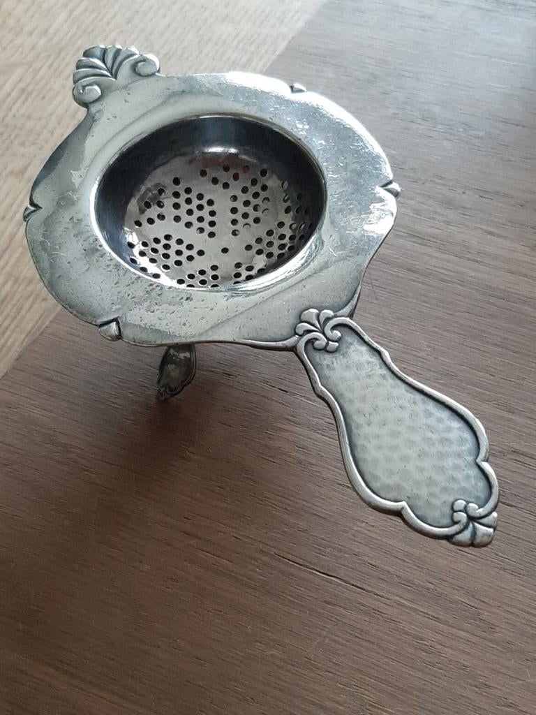 Antiek verzilverd Theezeefje met lekbakje, Antiek en Kunst, Ophalen of Verzenden