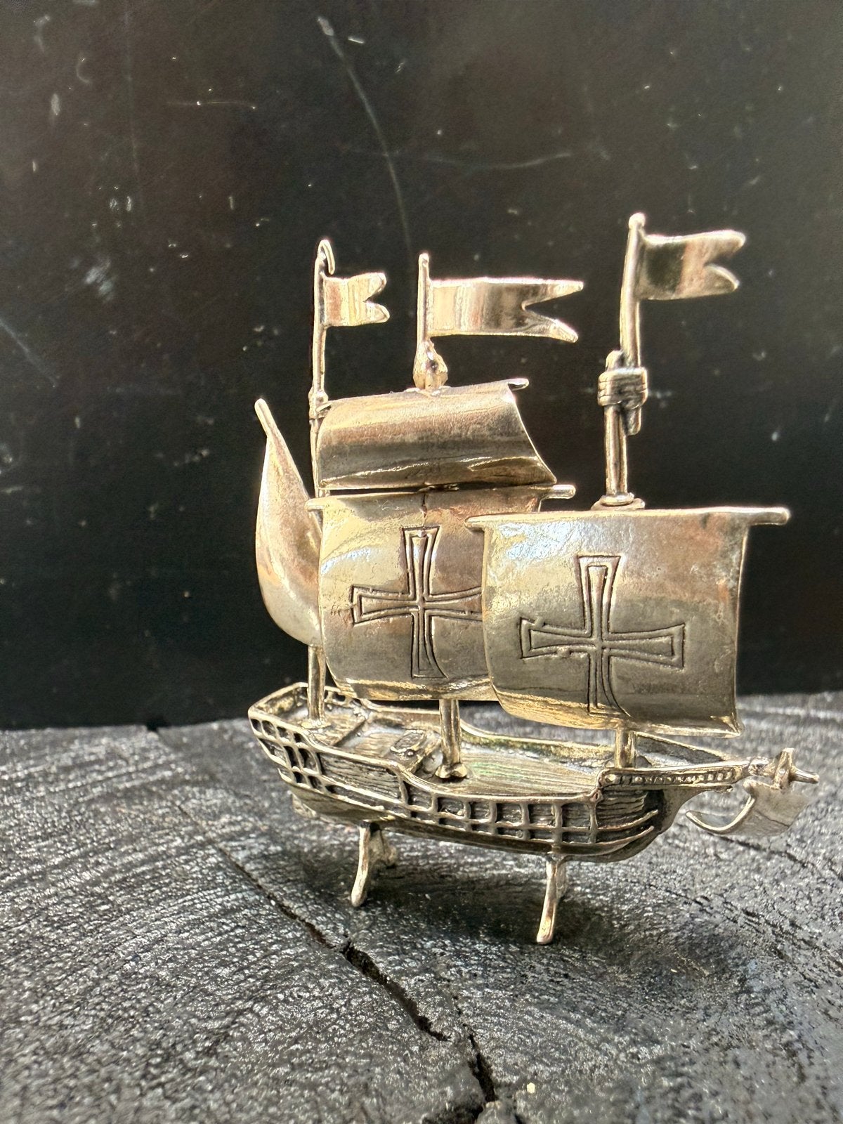 Zilveren miniatuur driemaster - Gedetailleerd scheepsmodel, Verzenden, Zilver