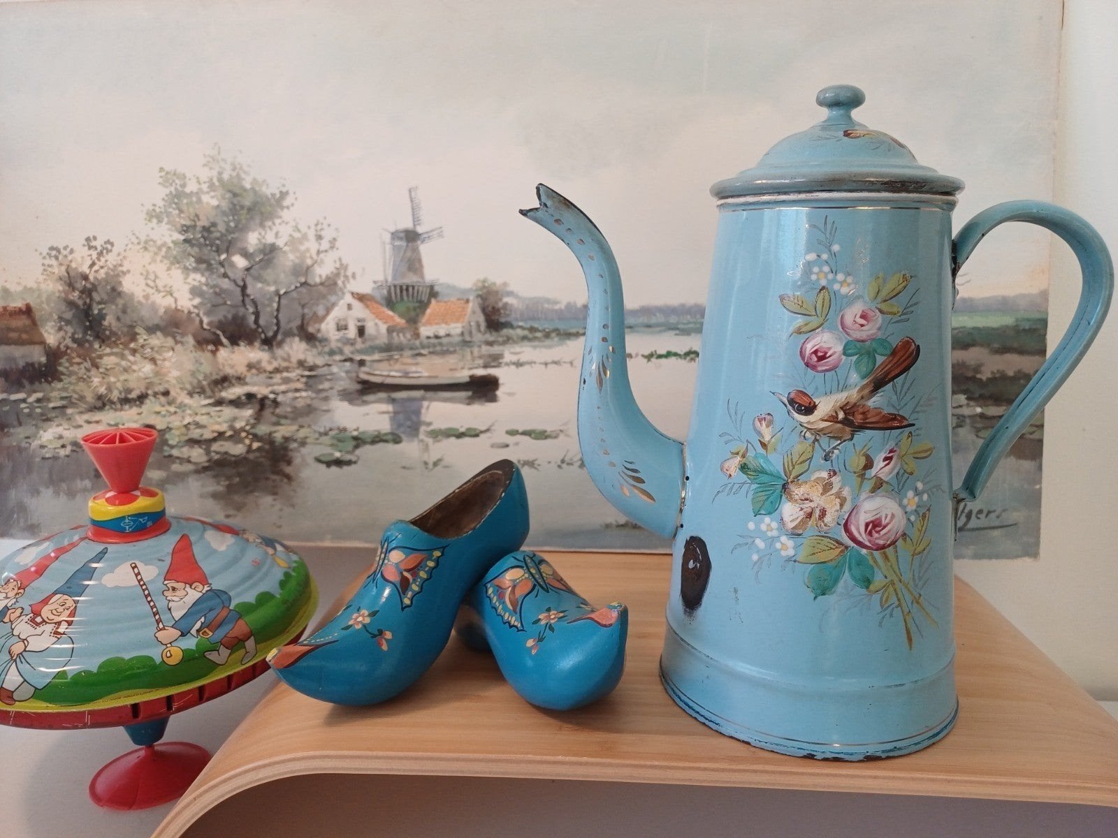 blauwe Franse koffiepot met dik opgelegde bloemen/putter, Ophalen of Verzenden