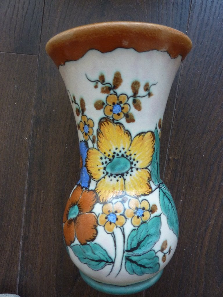 Plateel vaas Gouda Unique nummer 2612 keramiek bloem vintage, Antiek en Kunst, Verzenden