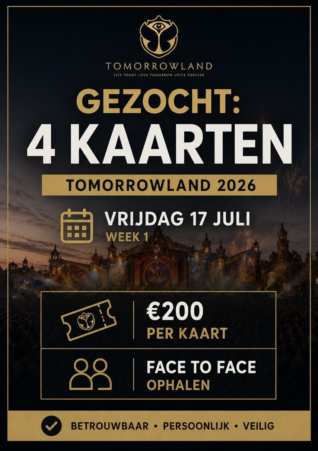Gezocht: 4 Tomorrowland tickets vrijdag week 1, Tickets en Kaartjes, Twee personen