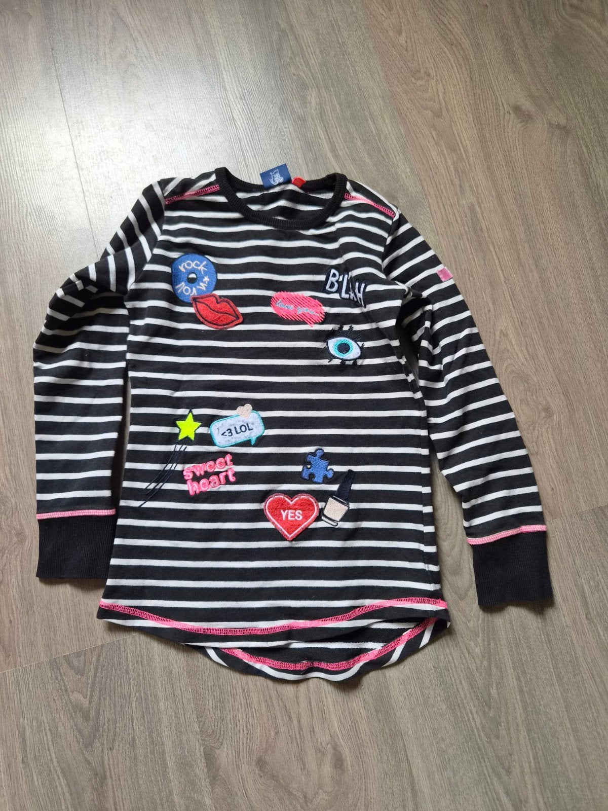Tom-Du trui zwart/wit gestreept met patches - maat 140/146, Kinderen en Baby's, Gebruikt, Meisje, Trui of Vest, Ophalen of Verzenden