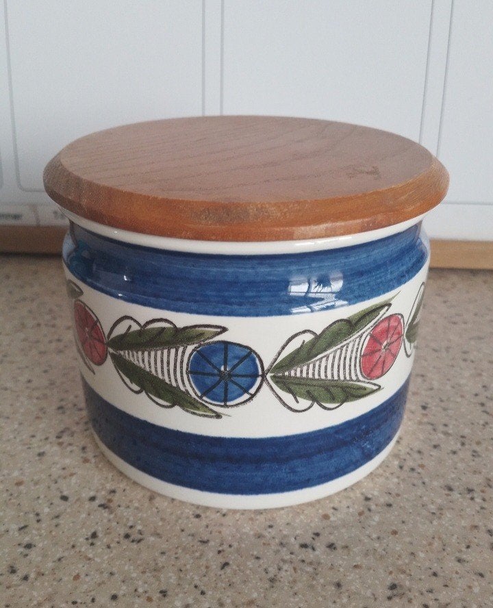 Vintage Rörstrand Dalom 66 keramische pot met houten deksel, Ophalen of Verzenden