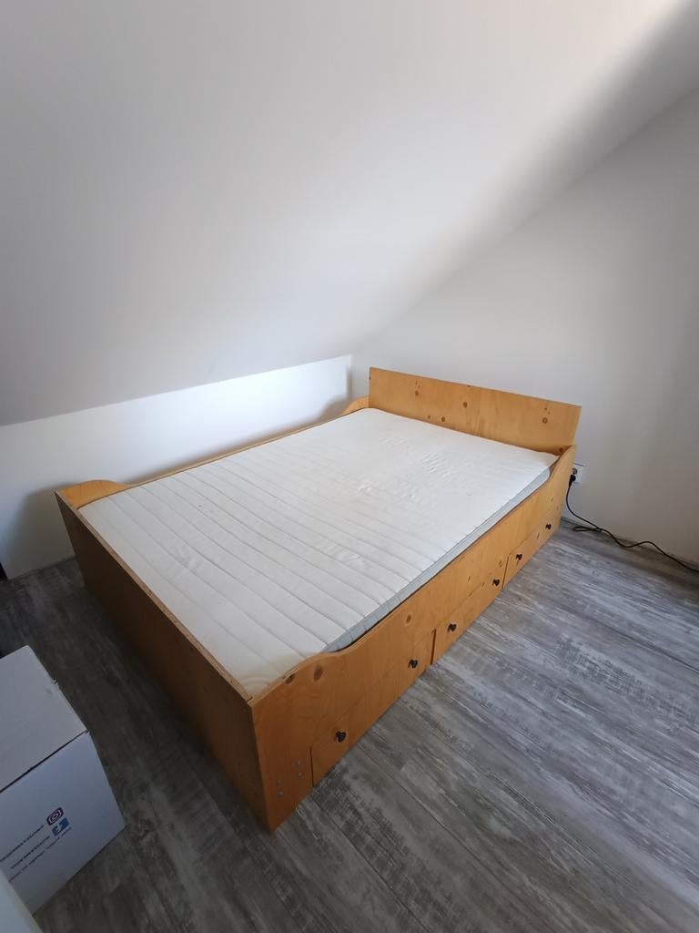 Houten bed met opberglades - 140x200 cm, Ophalen, Gebruikt, Bruin, Modern, praktisch