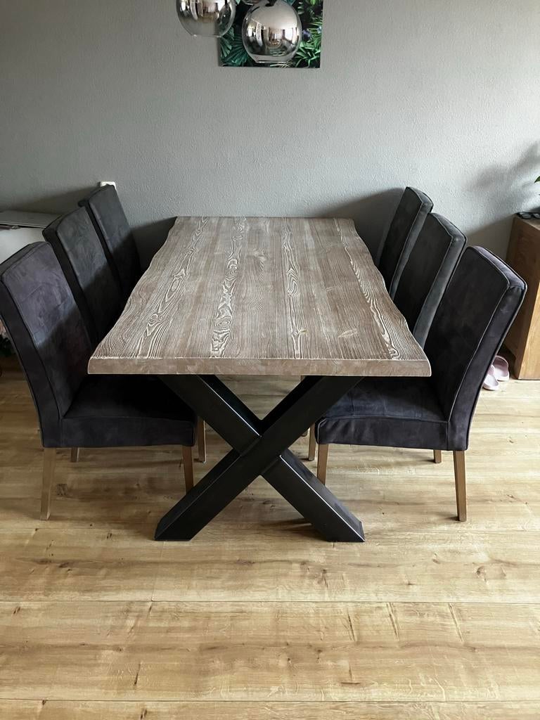 Prachtige eettafel Rough (Haco) met hout reliëf en 6 stoelen, Ophalen, 50 tot 100 cm, Zo goed als nieuw, Vijf personen of meer