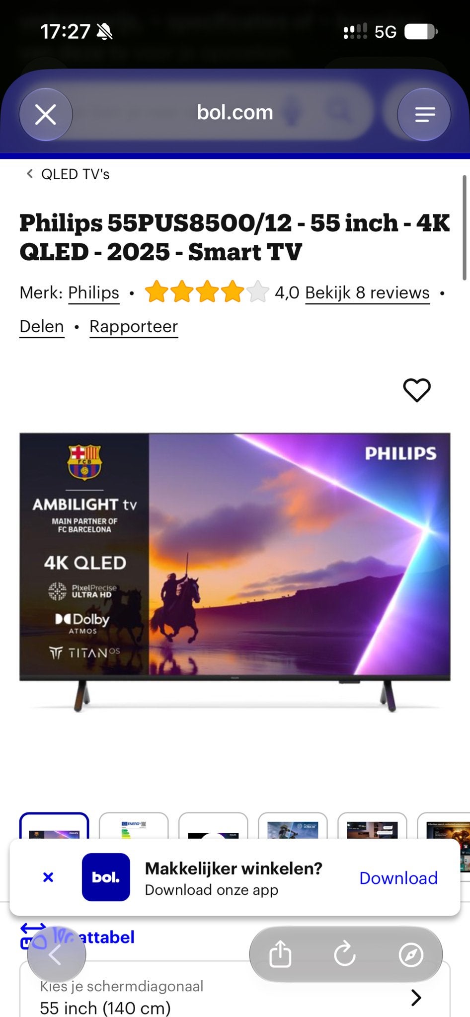Philips 55PUS8500/12 - 55 inch 4K QLED Smart TV, Philips, QLED, 50 Hz, Nieuw