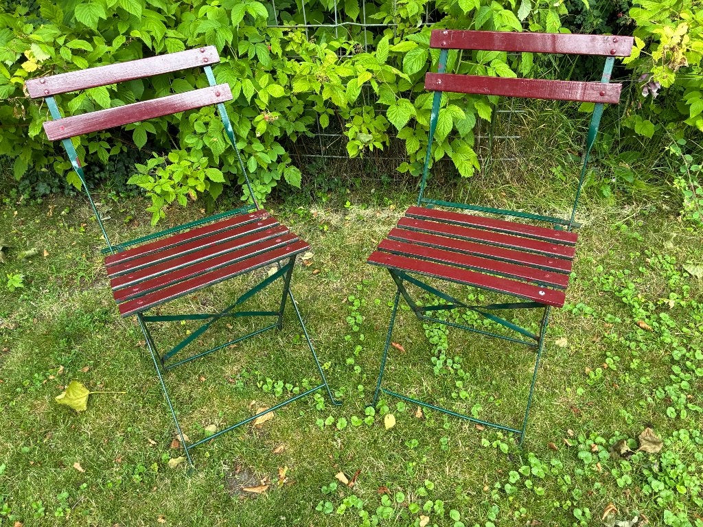 2x Vintage bistrostoeltjes tuinstoeltjes, Tuin en Terras, Tuinstoelen, Ophalen, Gebruikt, Metaal, Inklapbaar