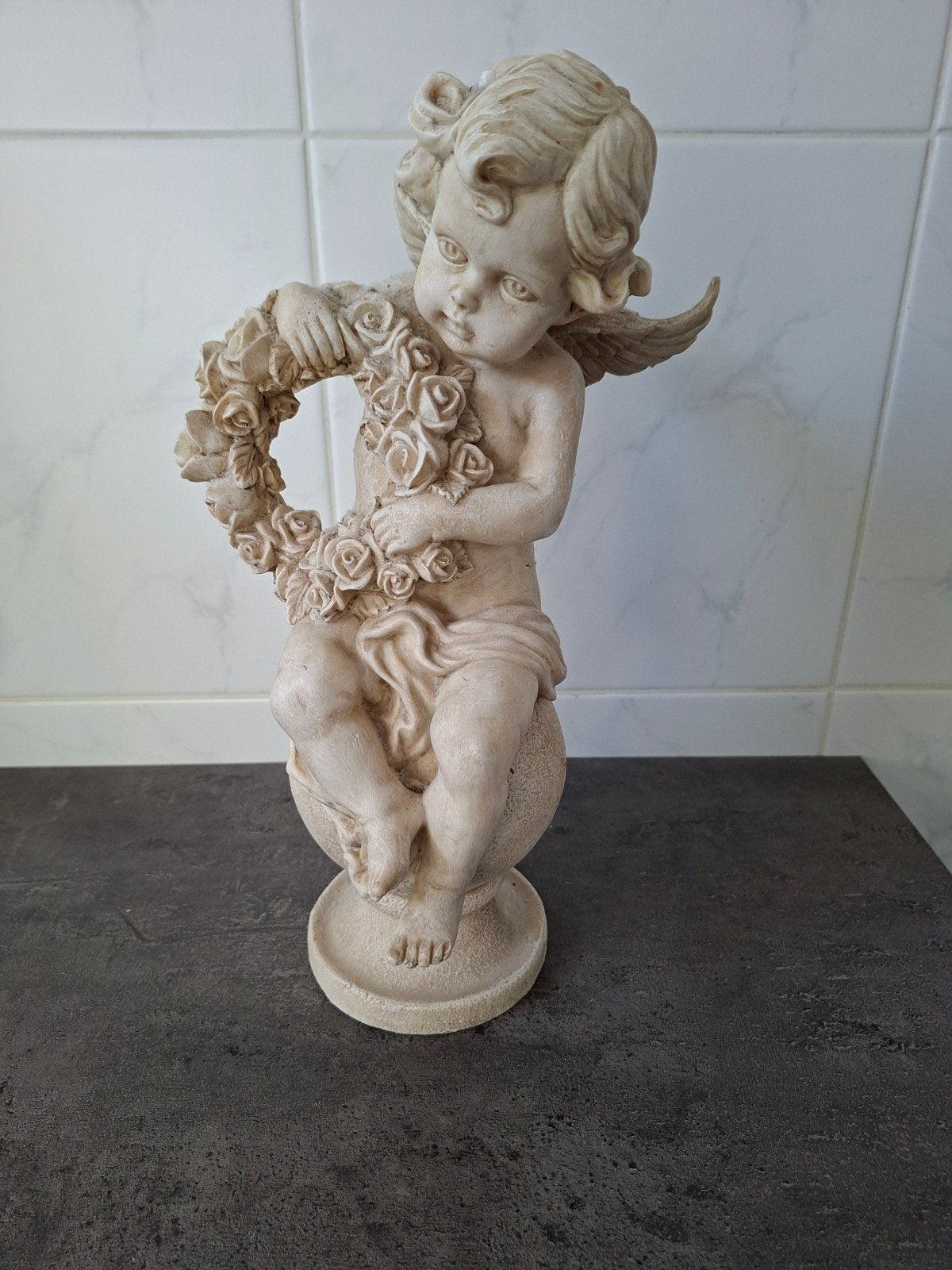Vintage Engelenbeeldje met Rozenkrans - Crème, Ophalen, Vintage, Beige, Zo goed als nieuw