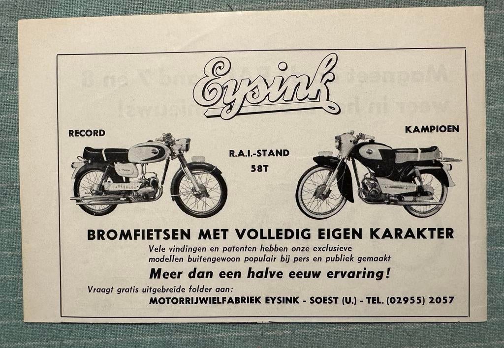 Advertentie Eysink Record en Kampioen, Verzamelen, Ophalen of Verzenden, Zo goed als nieuw, Motoren