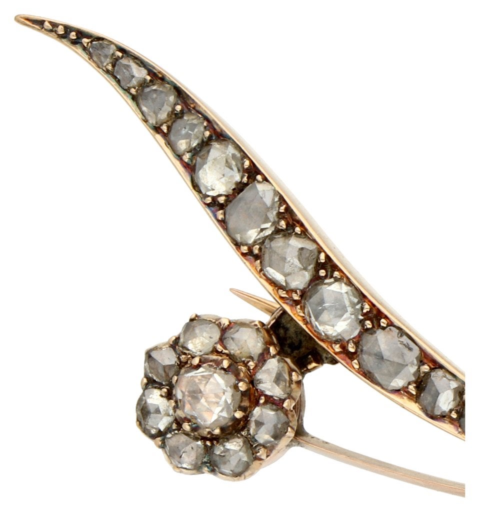 Diamant design broche 14k goud 28 diamanten Holland ca 1900, Ophalen, Goud, Broche, Met edelsteen