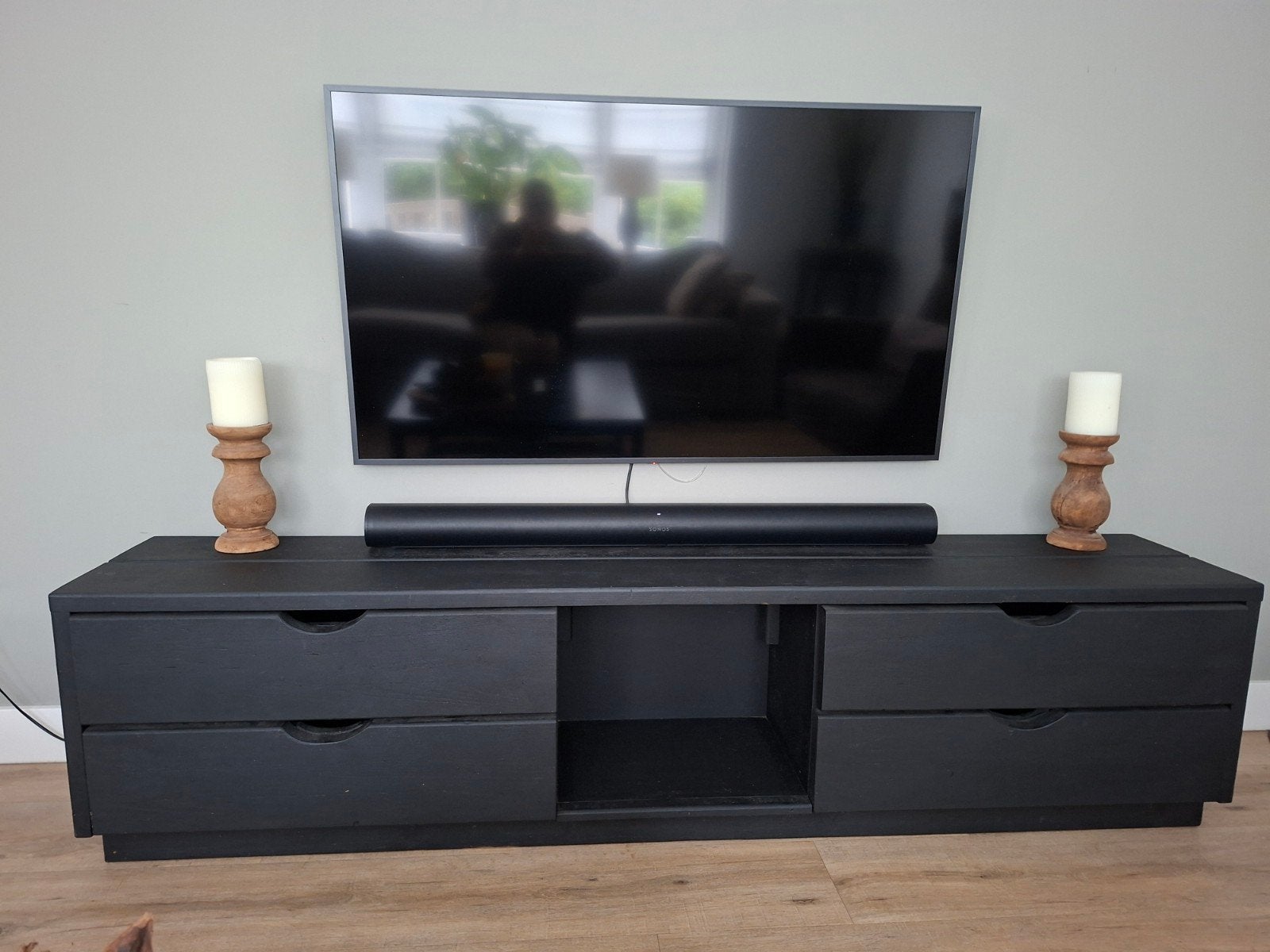 Zwart TV-meubel met lades en open vak, Ophalen, Japandi, landelijk, Zo goed als nieuw, 200 cm of meer