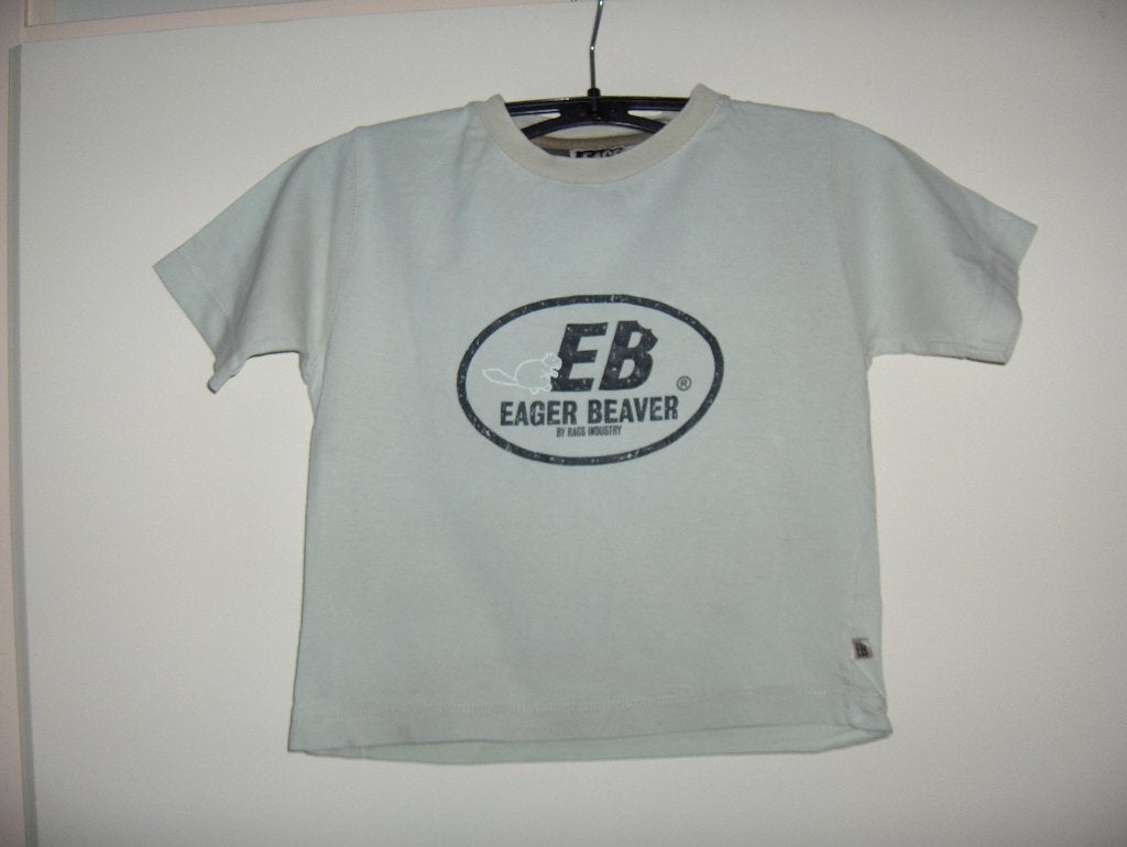 Breed beige zwart katoen shirt EAGER BEAVER 104 prima staat, Gebruikt, Eager Beaver, Ophalen of Verzenden, Shirt of Longsleeve