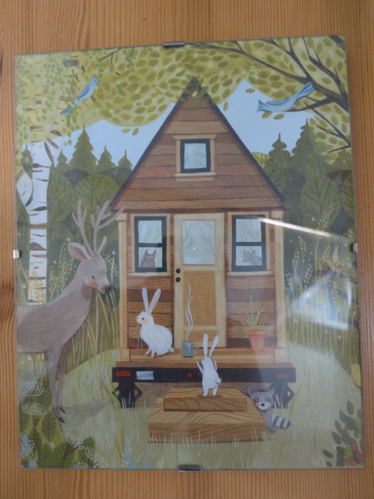 Vrolijke ingelijste prent van bosdieren en tiny house OPHALE, Ophalen, Print