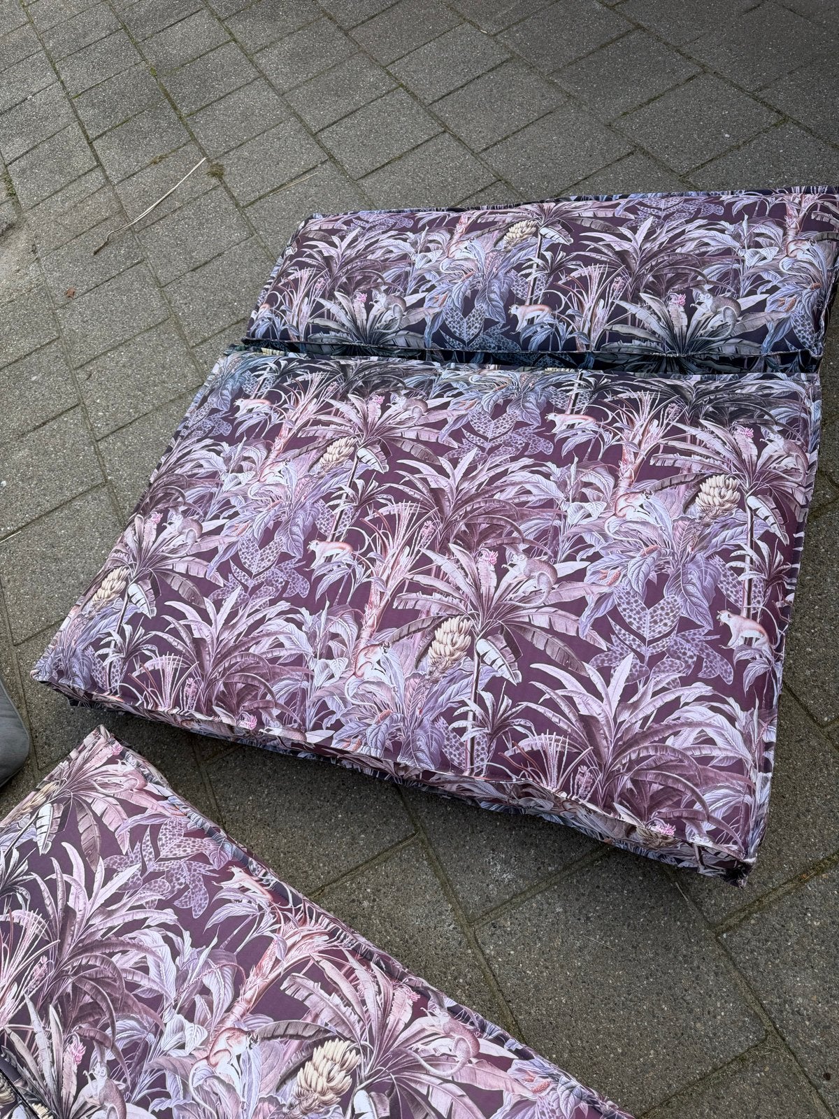 Palletkussens set met tropische print  en een grijze set!, Ophalen, Gebruikt