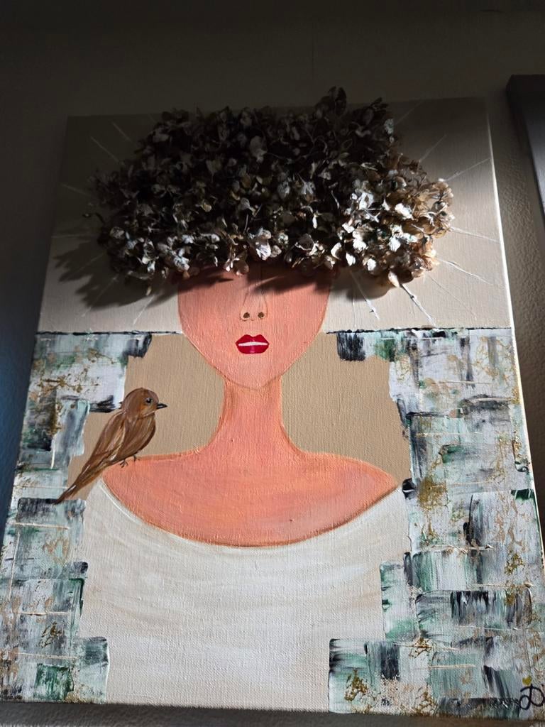 Schilderij met vrouw, vogel en gedroogde bloemen formaat 40x, Antiek en Kunst, Kunst | Schilderijen | Modern, Ophalen of Verzenden