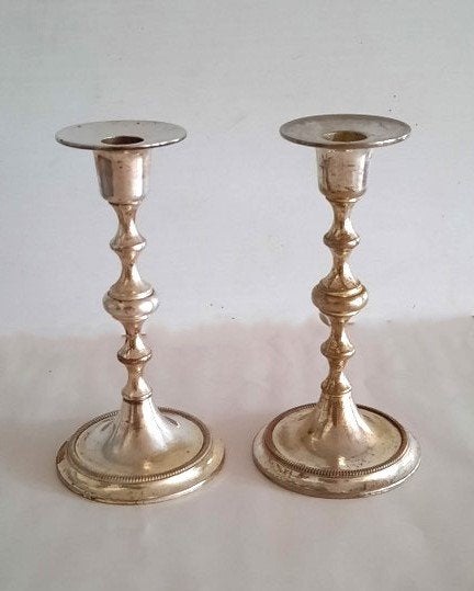 Stel vintage verzilverde BMF Kandelaars met Parelrand, Gebruikt, Ophalen of Verzenden, Metaal, Kandelaar