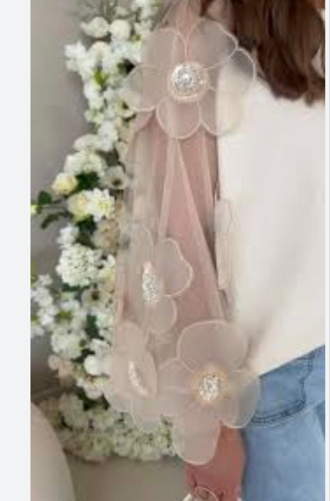 Trui L-xl  transparante mouwen met bloemen pailetten chique, Kleding | Dames, Blouses en Tunieken, Beige, Maat 46/48 (XL) of groter