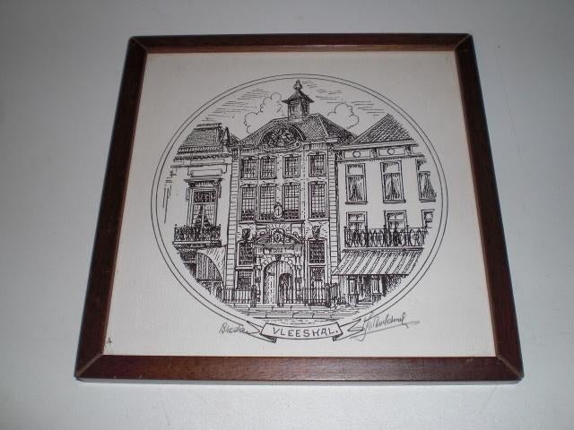 Gesigneerde prent van de Vleeshal in Breda, Antiek en Kunst, 18 cm, Ingelijst, Stadsgezicht, Ophalen of Verzenden