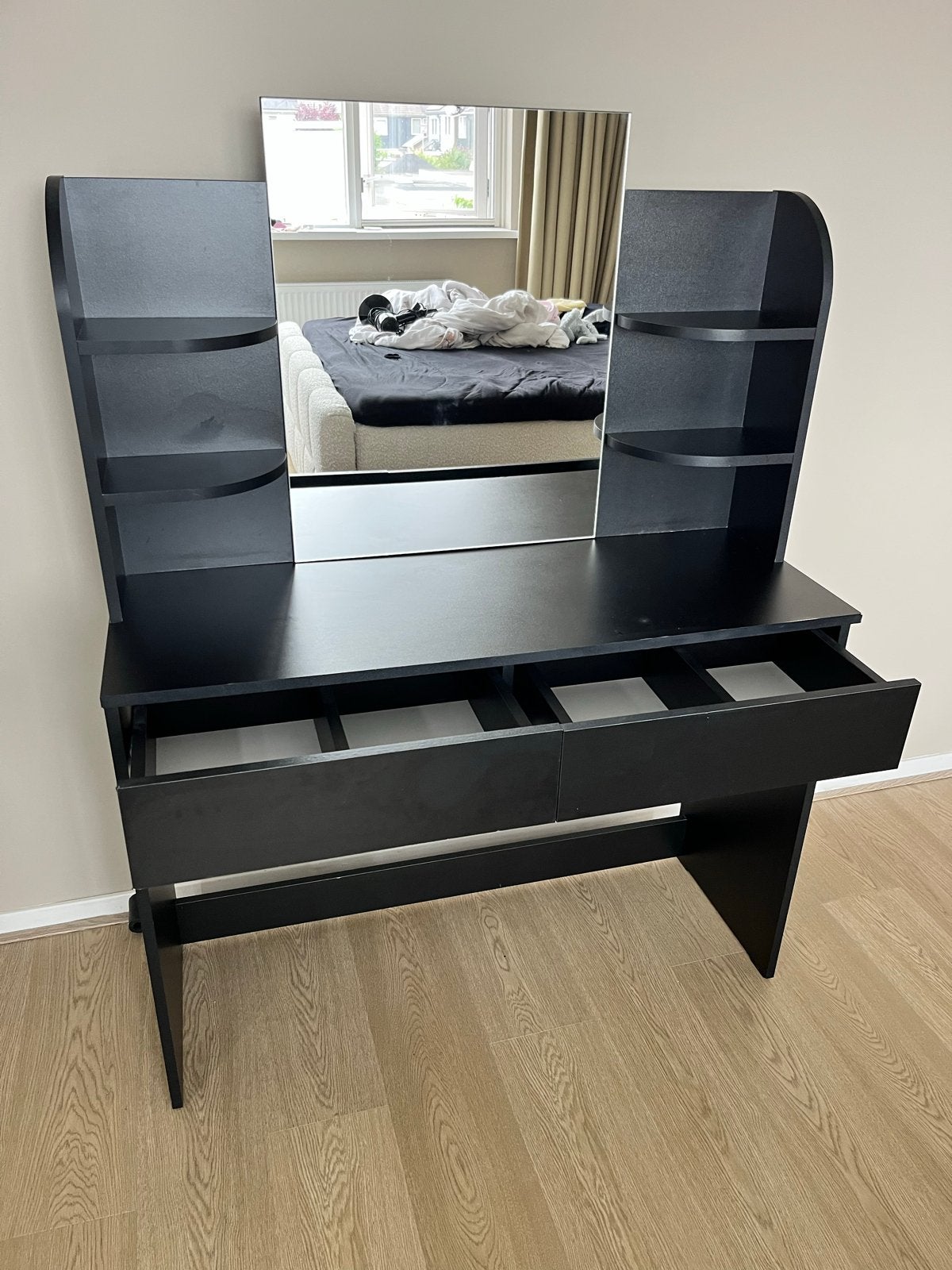 Zwarte kaptafel met spiegel en lades, Gebruikt, 100 tot 150 cm, 100 tot 150 cm, Ophalen of Verzenden