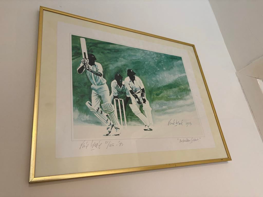 Ingelijste prent "Australian Cricket" gesigneerd 1983, Antiek en Kunst, Ophalen of Verzenden