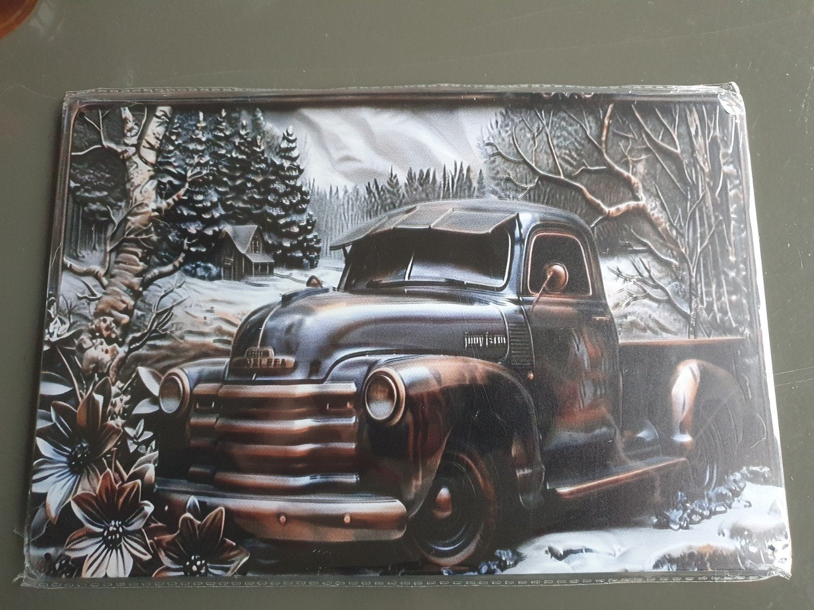 Metalen Wandbord Vintage Pick-up Truck Winter, Metaal, Nieuw, Ophalen of Verzenden, Wandbord of Wandpaneel