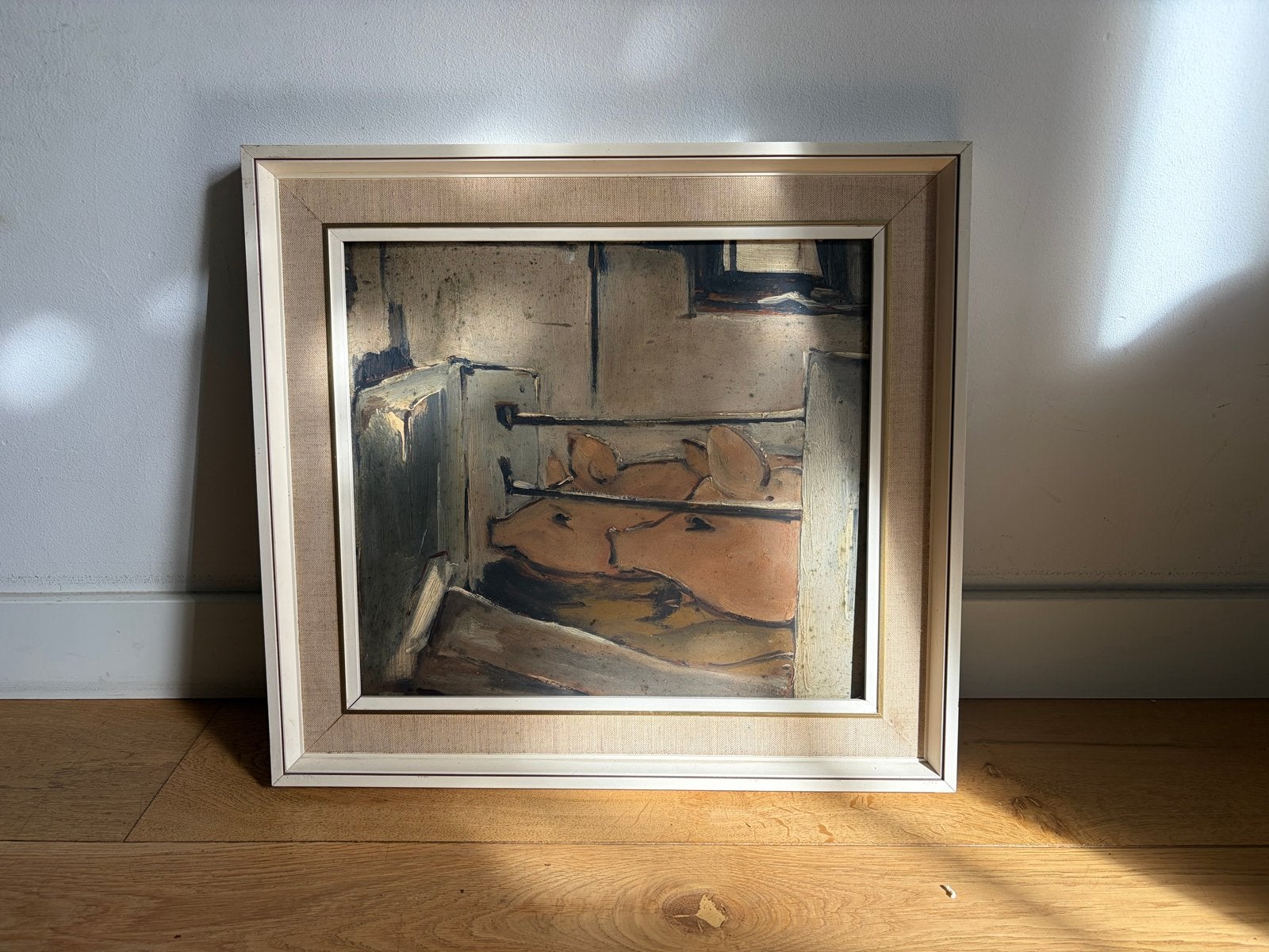 Schilderij Janus Sibens, varkens in stal, gesigneerd, Antiek en Kunst, Paneel, Realistisch, Dieren, Ophalen of Verzenden