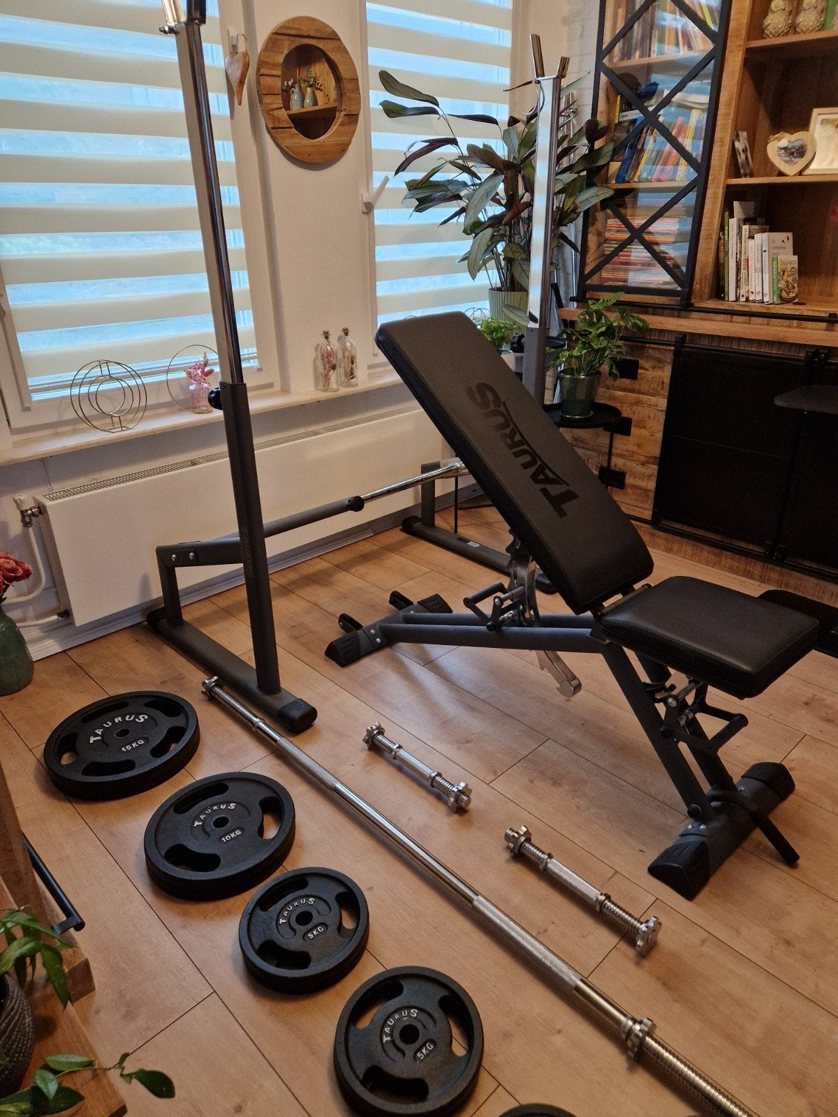 squatrek bankje stang dumbels en 90kg  gewichten merk TAURUS, Ophalen, Zo goed als nieuw, Fitnessbank