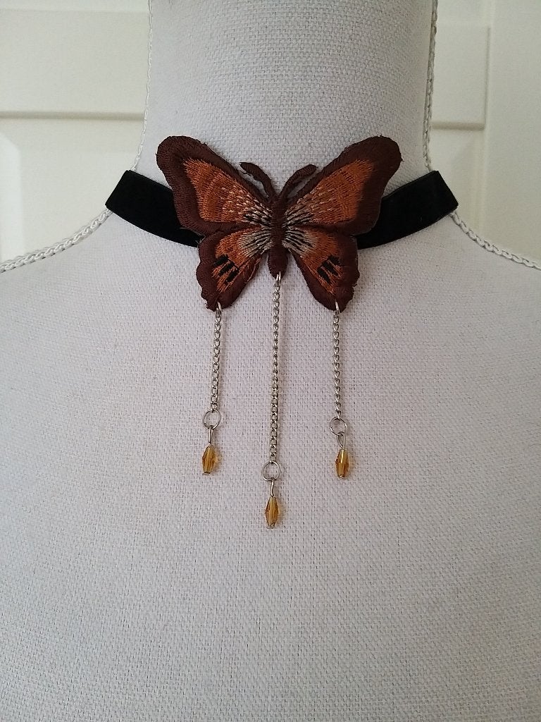 Zwarte fluwelen choker ketting met bruine vlinder, Overige materialen, Verstelbaar, Zwart, Nieuw