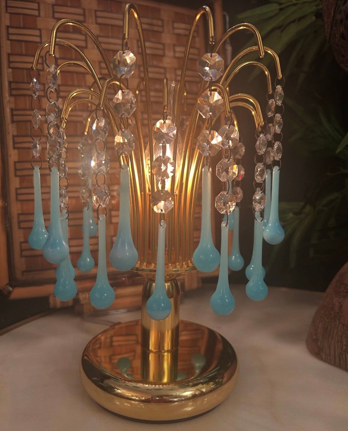 Azuur blauwe vintage tafellamp kristal goud frame, Ophalen of Verzenden, Koper of Brons