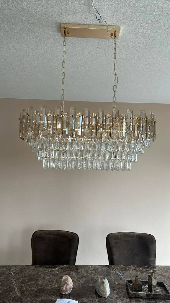 Luxe gouden hanglamp met kristallen - Modern design, Huis en Inrichting, Lampen | Hanglampen, Ophalen, 50 tot 75 cm, Glas, Zo goed als nieuw