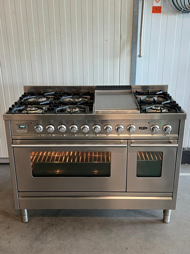 Luxe Boretti 7-pits RVS-fornuis 120 cm met frytop, Ophalen of Verzenden, Zo goed als nieuw