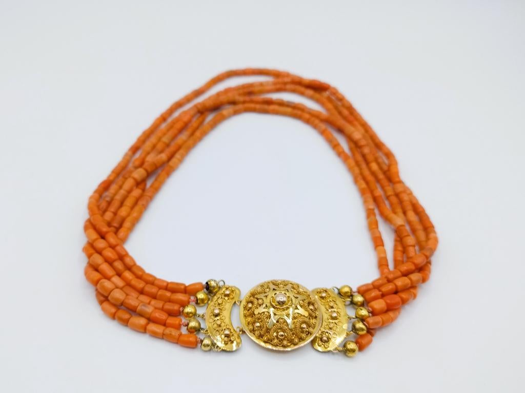 Antieke bloedkoralen ketting met gouden slot, 41-48 cm, Verzenden, Goud, Ketting