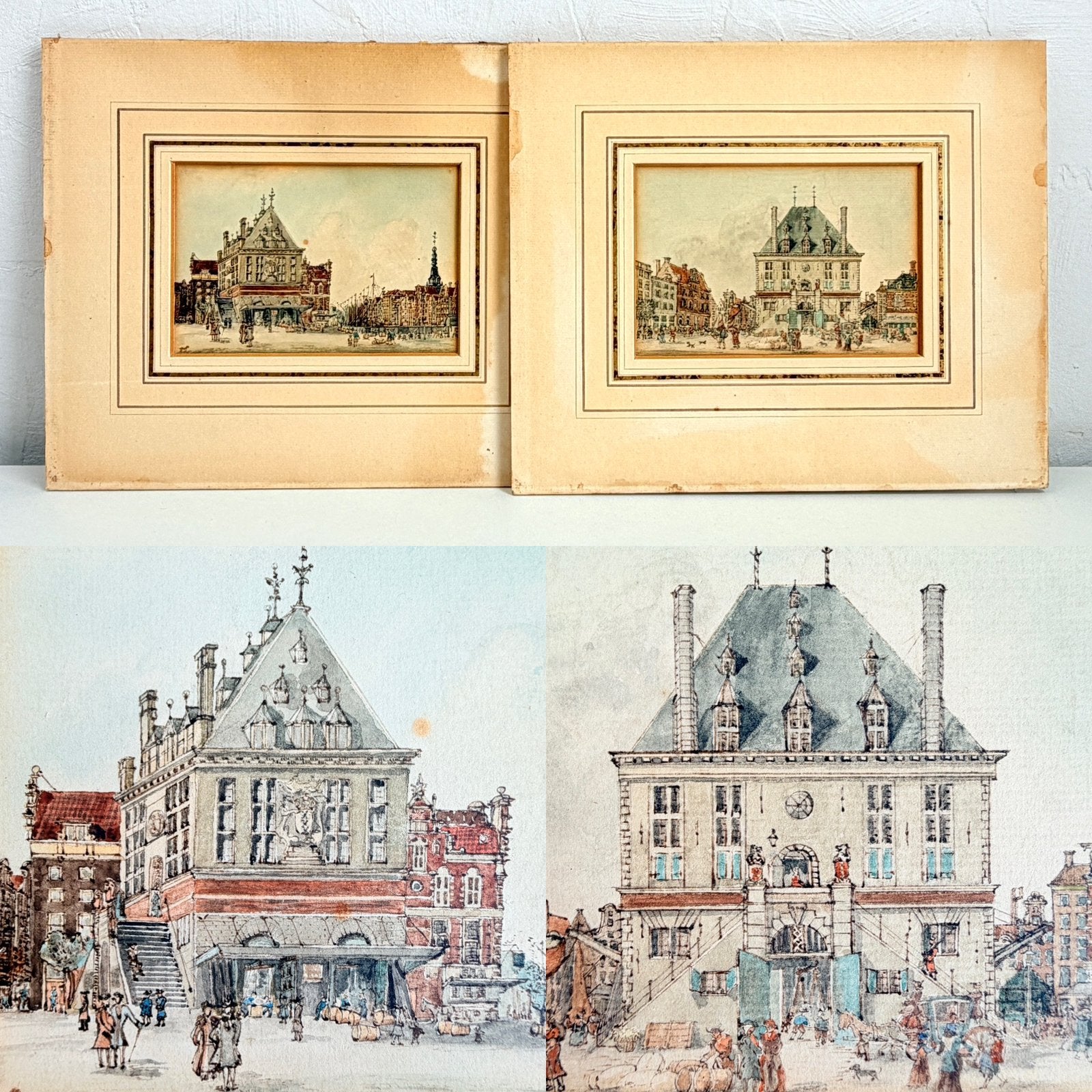 Set handgeschilderde aquarellen De Waag, Amsterdam, Oorspronkelijke maker, Z, Ophalen of Verzenden, Minder dan 50 cm
