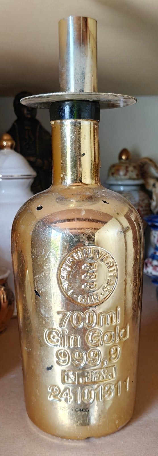 Unieke gouden fles kandelaar - Gin Gold 999.9, Gebruikt, Overige merken, Ophalen of Verzenden, Glas